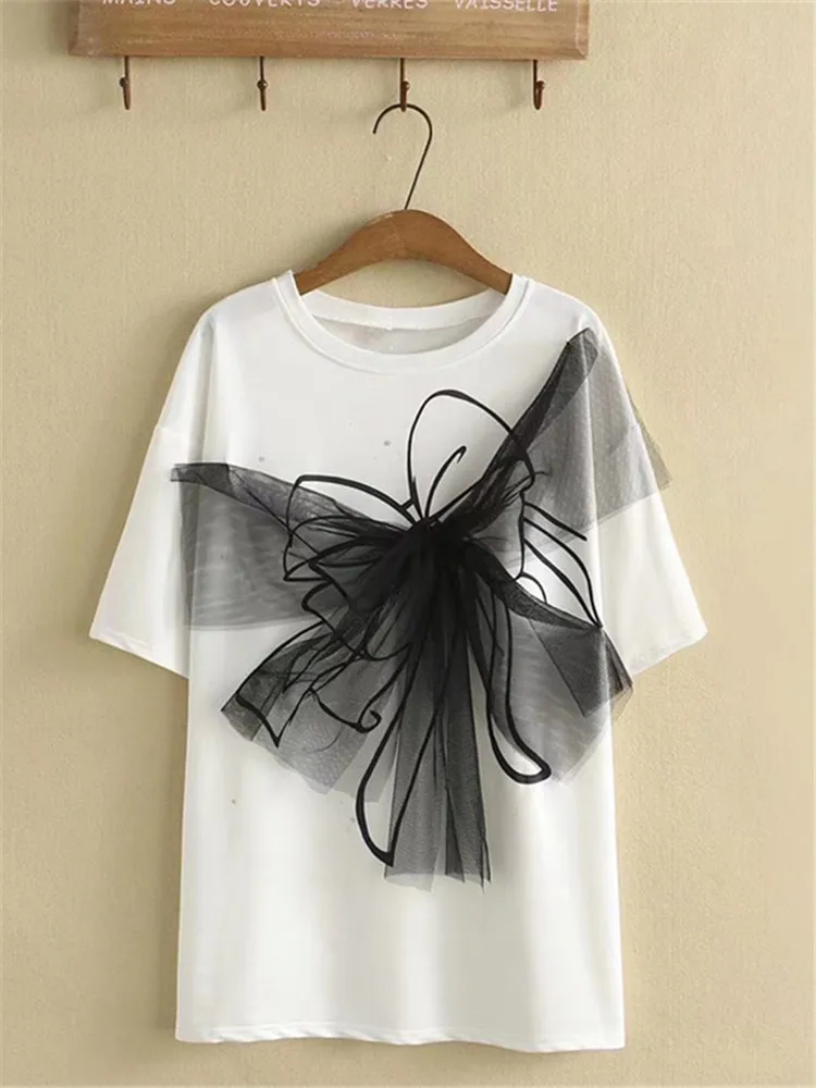 Plus Size Clothes For Women In Summer Short Sleeve Cotton T-Shirt Large Bow Decoration In Mesh Fabric Large Size Cotton Tops
Plus Size Clothes For Women In Summer Short Sleeve Cotton T-Shirt Large Bow Decoration In Mesh Fabric Large Size Cotton Tops