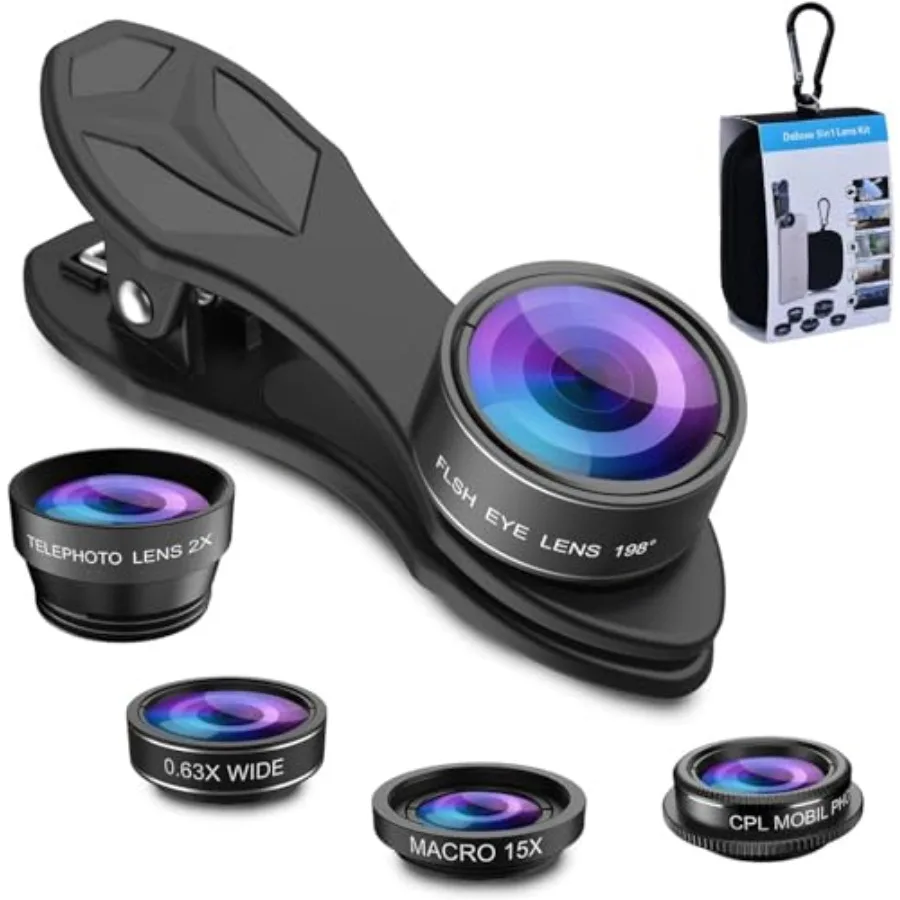 5 in 1 Phone Camera Lens Kit -0.63X Wide Angle Lens and 15X Macro Lens+190°Fisheye Lens/CPL + 2X Telephoto Lens Compatible with
5 in 1 Phone Camera Lens Kit -0.63X Wide Angle Lens and 15X Macro Lens+190°Fisheye Lens/CPL + 2X Telephoto Lens Compatible with