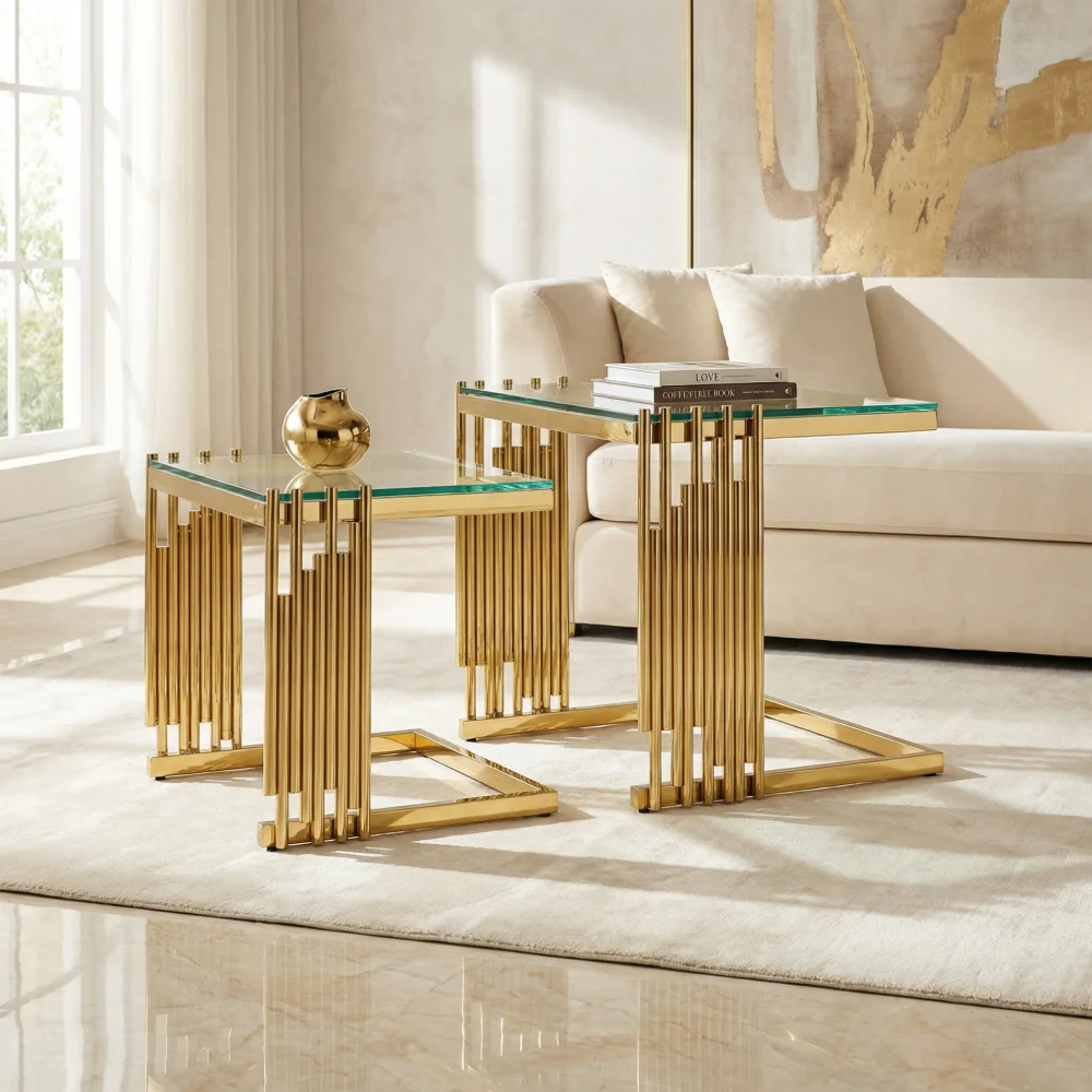 2-Piece Gold Coffee Table Set, Tempered Glass Top, 201 Stainless Steel Frame, Modern Accent for Living/Bedroom
2-Piece Gold Coffee Table Set, Tempered Glass Top, 201 Stainless Steel Frame, Modern Accent for Living/Bedroom