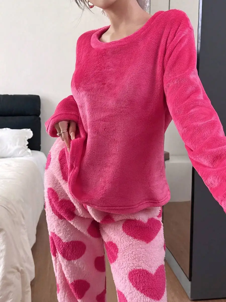 Womens Cozy Solid Top And Heart Print Pajama Set Fluffy Autumn Winter
Womens Cozy Solid Top And Heart Print Pajama Set Fluffy Autumn Winter