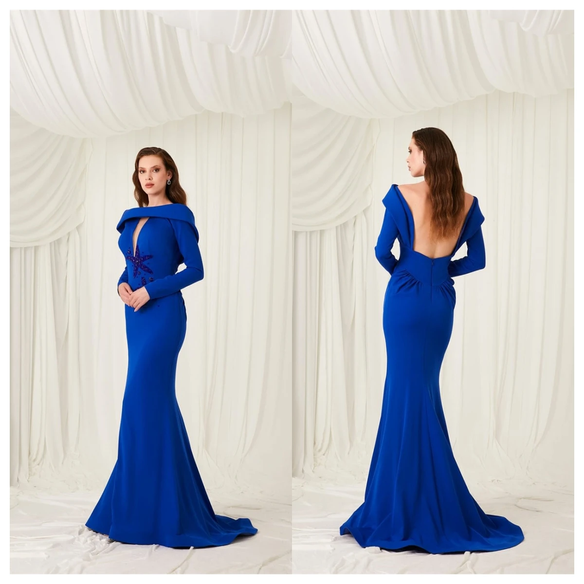 Customized Exquisite Blue Jersey Evening Dress Boat Neck Off the Shoulder Long Sleeves Celebrity Gowns Appliques Party
Customized Exquisite Blue Jersey Evening Dress Boat Neck Off the Shoulder Long Sleeves Celebrity Gowns Appliques Party