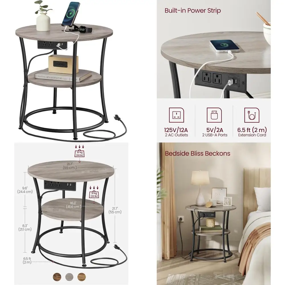 Two-Tier Round Side Table with Power Outlets for Small Spaces, Ideal for Living Room and Bedroom Use
Two-Tier Round Side Table with Power Outlets for Small Spaces, Ideal for Living Room and Bedroom Use
