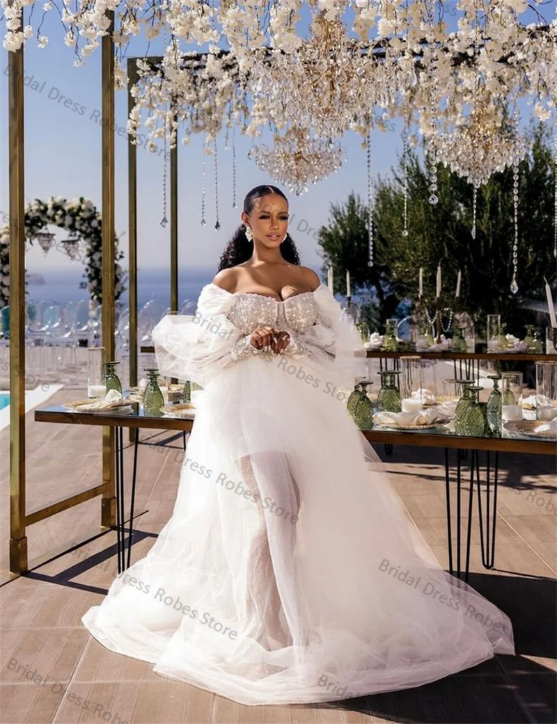A Line Wedding Dress Sexy Off Shoulder Full Sleeves Appliqued Beaded Bridal Gown Tulle Elegant Prom Robes Customized
A Line Wedding Dress Sexy Off Shoulder Full Sleeves Appliqued Beaded Bridal Gown Tulle Elegant Prom Robes Customized