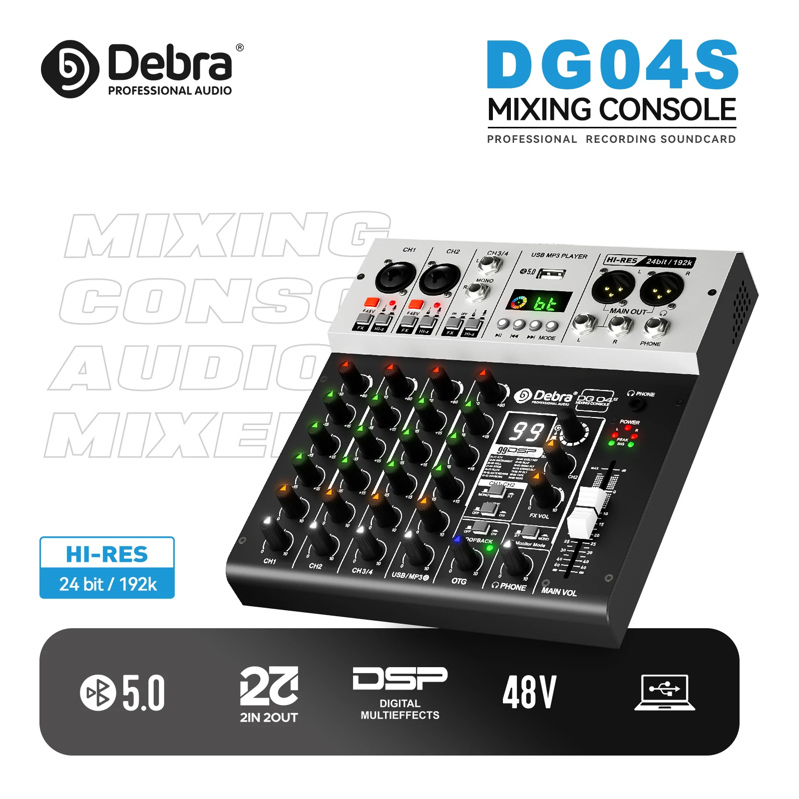 Debra New DG04S 4-channel mixer sound card, mixer, with Bluetooth 5.0, 24bit/192k, OTG, 48V power supply, for stage, studio, bar
Debra New DG04S 4-channel mixer sound card, mixer, with Bluetooth 5.0, 24bit/192k, OTG, 48V power supply, for stage, studio, bar