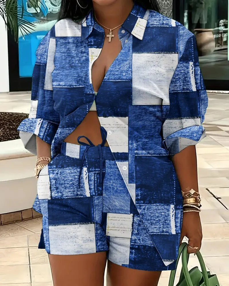 Women Print Two Piece Sets Turn Down Collar Short Sleeve Single Breasted Shirts Drawstring Pants Shorts Suit Beach Summer
Women Print Two Piece Sets Turn Down Collar Short Sleeve Single Breasted Shirts Drawstring Pants Shorts Suit Beach Summer