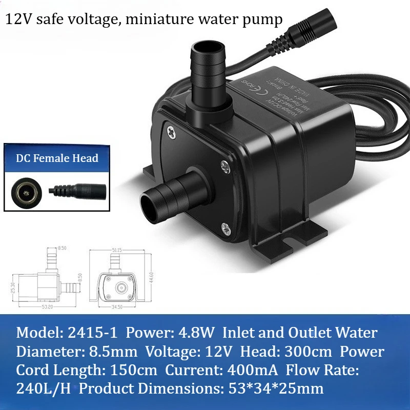 Humidifier 12V DC brushless water pump 2415-1, with a lift of 3 meters. Miniature water pumps with mechanical cooling function.
Humidifier 12V DC brushless water pump 2415-1, with a lift of 3 meters. Miniature water pumps with mechanical cooling function.