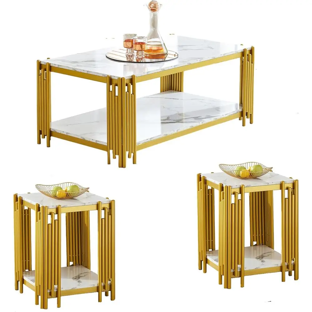 3-Piece White Marble-Look Coffee Table Set with Gold Metal Legs for Living Room Decor
3-Piece White Marble-Look Coffee Table Set with Gold Metal Legs for Living Room Decor