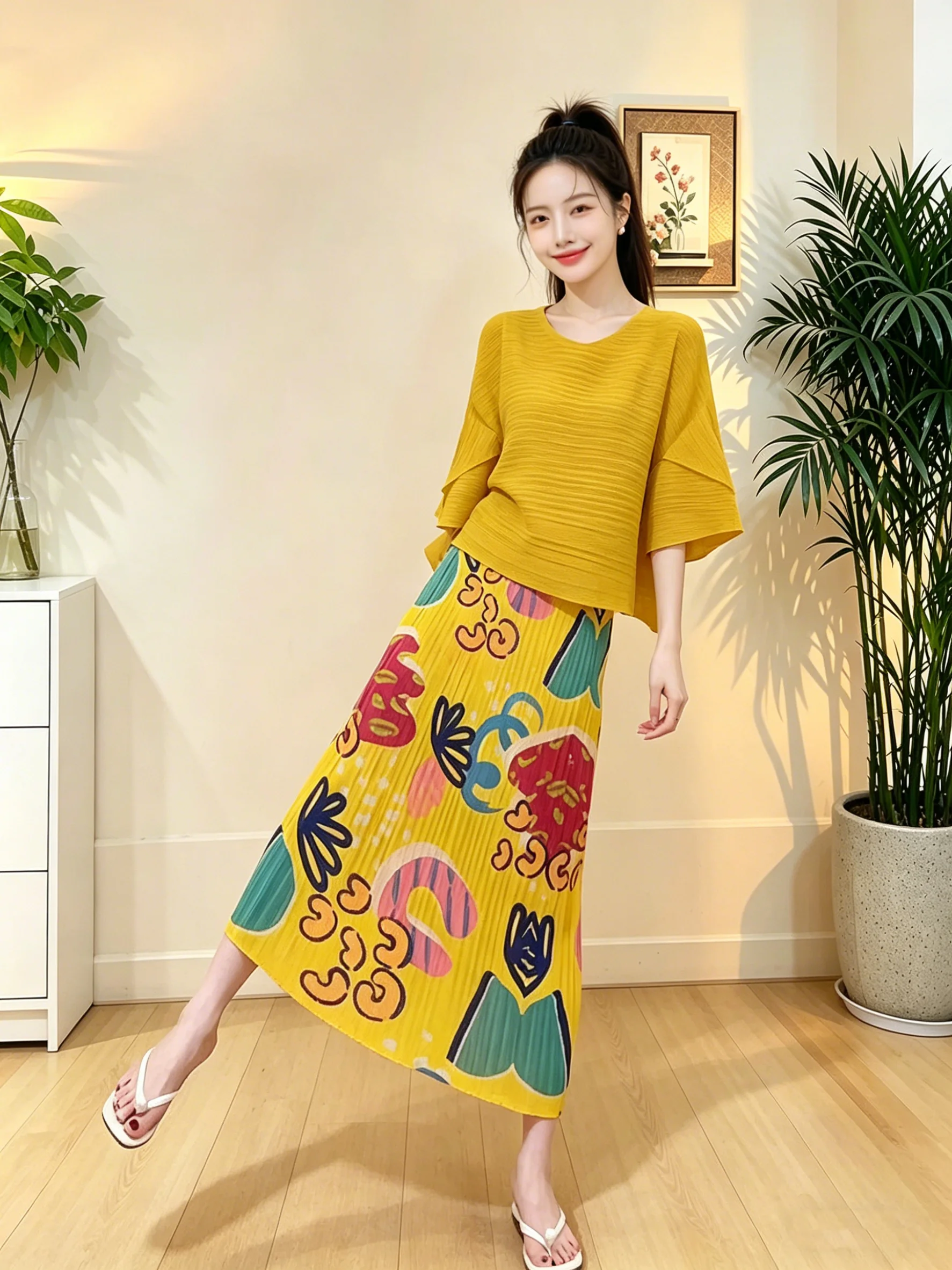 Loose Yellow Printed Half Skirt Set Summer Fashion Korean Style Three Houses Artistic Large Size Pleated Top And Skirt Set
Loose Yellow Printed Half Skirt Set Summer Fashion Korean Style Three Houses Artistic Large Size Pleated Top And Skirt Set