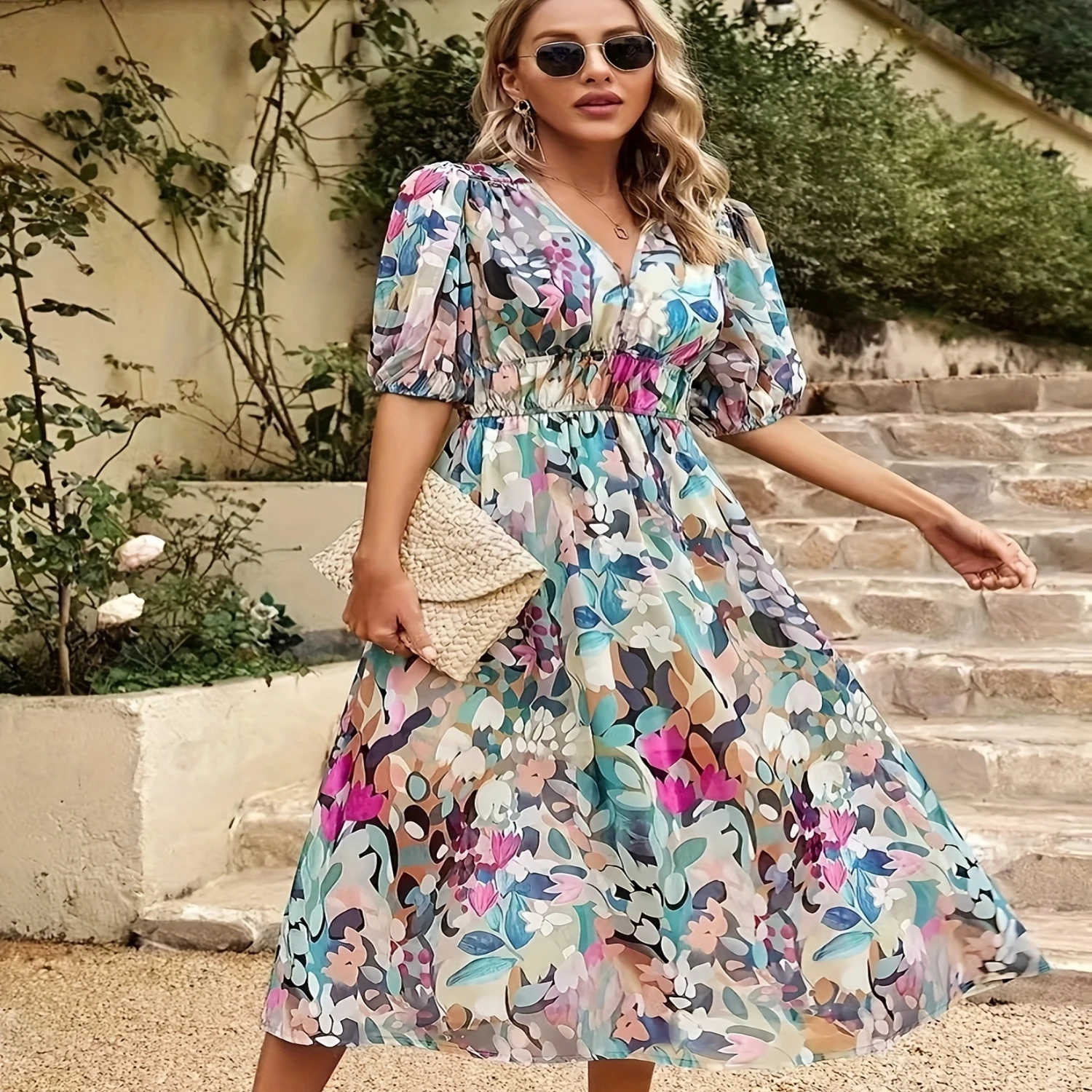 Floral Print V Neck Dress, Short Sleeve Ruched Waist Dress For Spring & Summer, Women's Clothing
Floral Print V Neck Dress, Short Sleeve Ruched Waist Dress For Spring & Summer, Women's Clothing