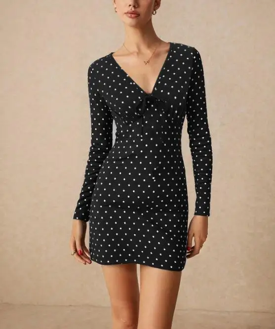Women Dresses 2026 Spring New Fashion V-Neck Lace Up Black Polka Dot Print Slim Fit Long Sleeve Beach Vacation Mini Dress
Women Dresses 2026 Spring New Fashion V-Neck Lace Up Black Polka Dot Print Slim Fit Long Sleeve Beach Vacation Mini Dress