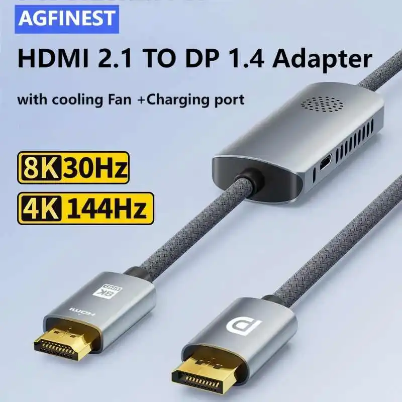 HDMI to DP Cable Adapter 8K with Cooling Fan 5V Charging supply 8K30Hz HDMI 2.1 to Displayport Converter for PC Monitor PS5 HDTV
HDMI to DP Cable Adapter 8K with Cooling Fan 5V Charging supply 8K30Hz HDMI 2.1 to Displayport Converter for PC Monitor PS5 HDTV