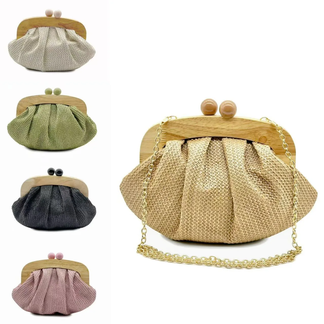 Fashion Ruched PP Straw Clucth Bag for Women Wooden Clip Shell Shoulder Crossbody Bags Elegant Weave Summer Beach Bag 2025
Fashion Ruched PP Straw Clucth Bag for Women Wooden Clip Shell Shoulder Crossbody Bags Elegant Weave Summer Beach Bag 2025