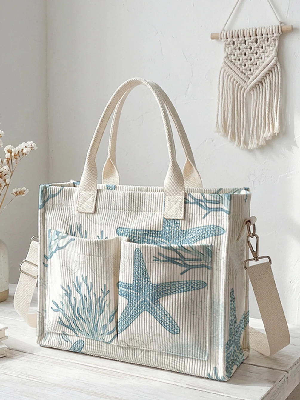 Blue Starfish & Coral Print Corduroy Tote Bag Large Capacity Multi Pocket Commuter Shoulder Bag
Blue Starfish & Coral Print Corduroy Tote Bag Large Capacity Multi Pocket Commuter Shoulder Bag