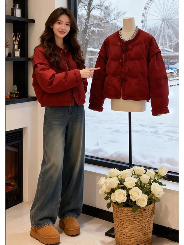 Thickened Red Cotton Jacket for Women Winter Commute Style Korean Loose Fit Zipper Closure Long Sleeve Stand Collar Coat
Thickened Red Cotton Jacket for Women Winter Commute Style Korean Loose Fit Zipper Closure Long Sleeve Stand Collar Coat