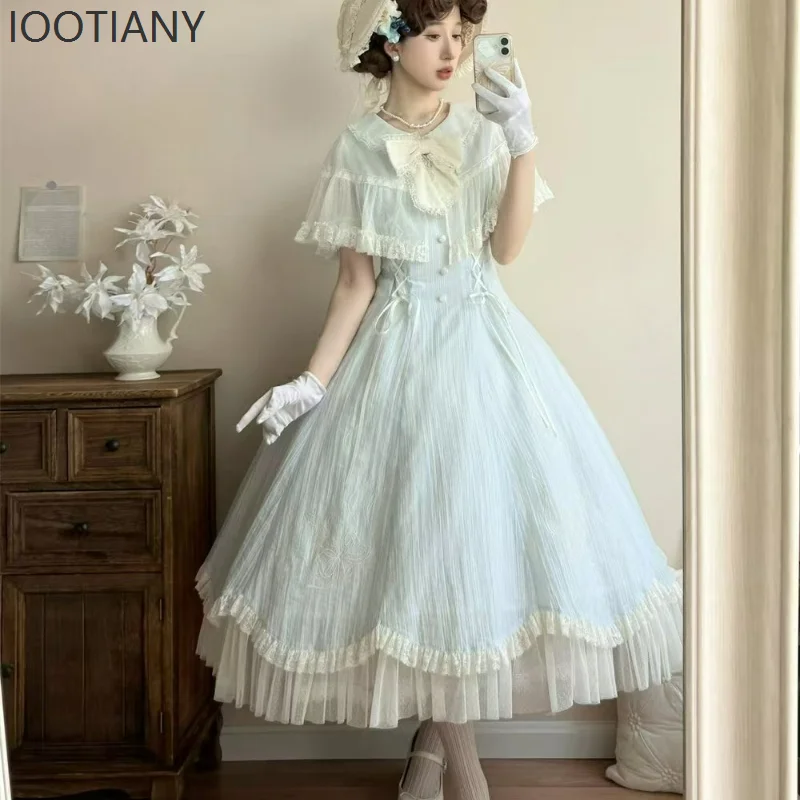 IOOTIANY Korean Sweet Lolita Dress Women's High Waist Tie Bow Lace Ruffle Shawl Slim Dress Japanese Fashion Y2K Fairy Dress 2025 
IOOTIANY Korean Sweet Lolita Dress Women's High Waist Tie Bow Lace Ruffle Shawl Slim Dress Japanese Fashion Y2K Fairy Dress 2025