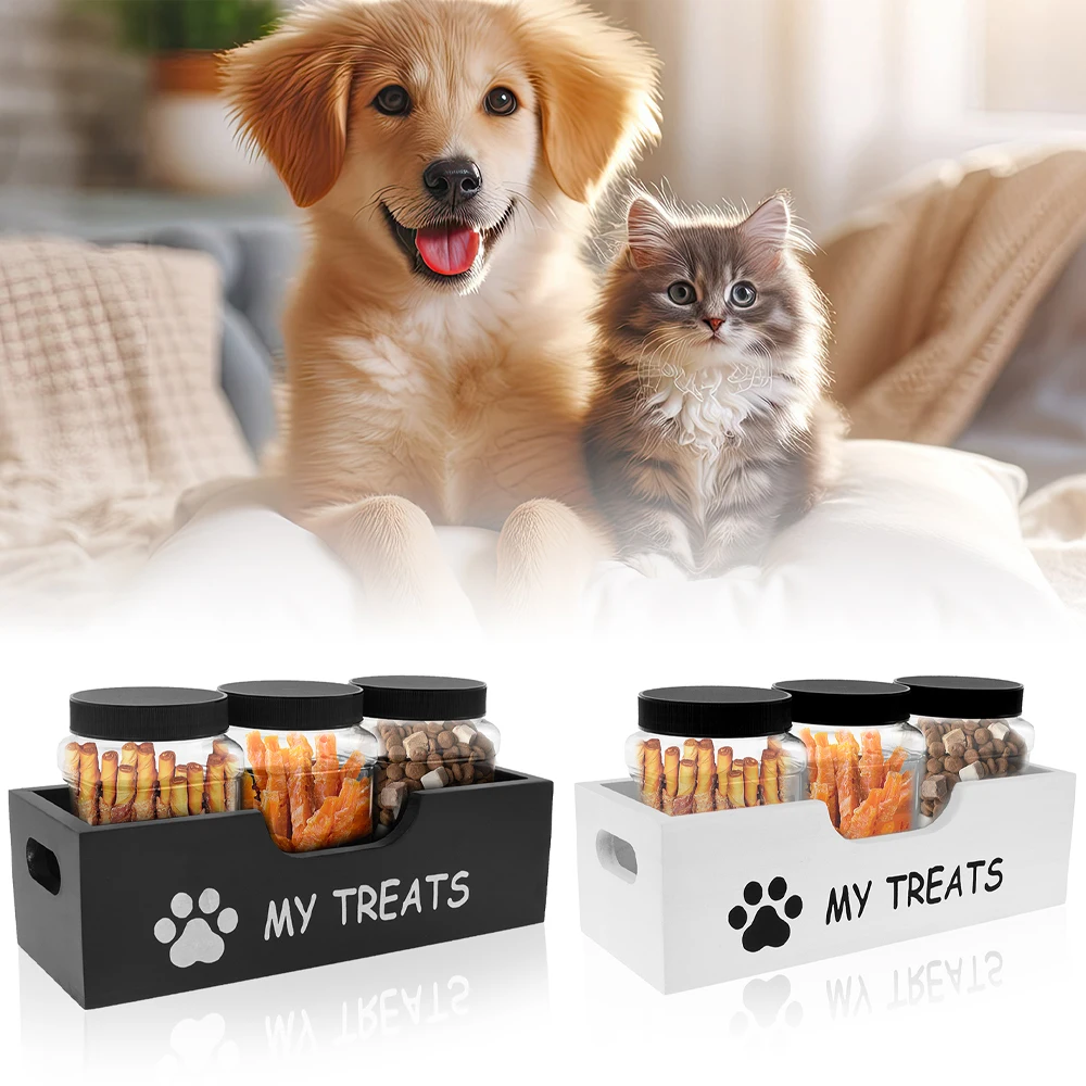 Pet Food Storage Container Wood Dog Treat Holder with 3 Plastic Jars Large Capacity Cat Food Container Dog Cat Accessories
Pet Food Storage Container Wood Dog Treat Holder with 3 Plastic Jars Large Capacity Cat Food Container Dog Cat Accessories