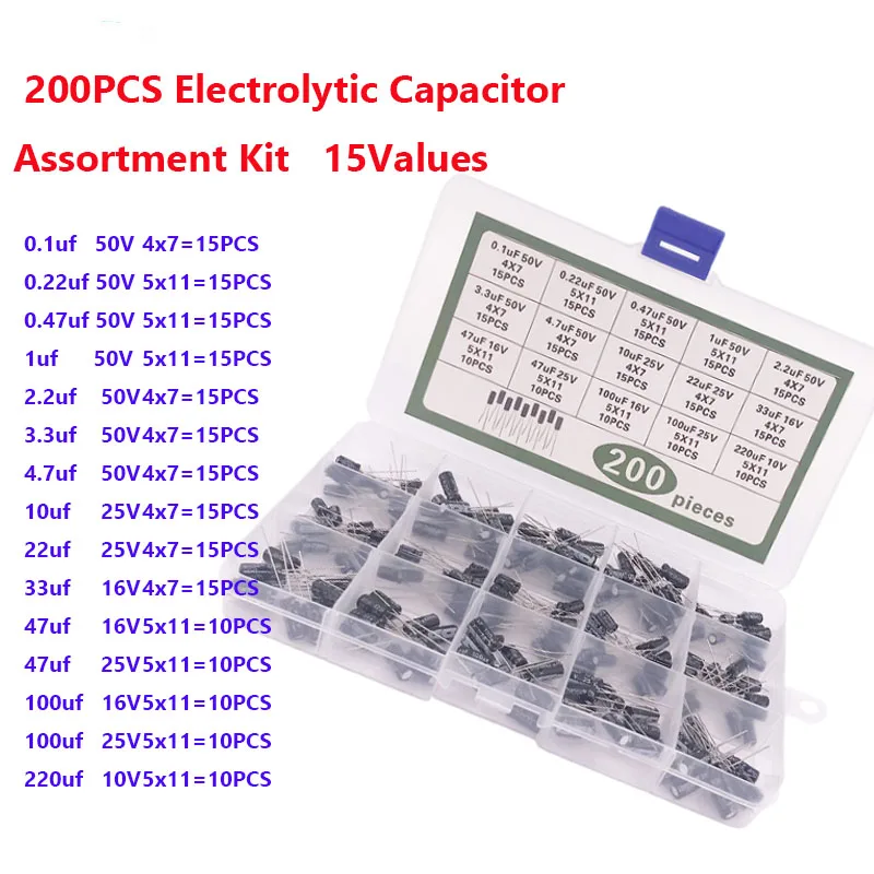 200pcs/lot Electrolytic Capacitor Assortment Kit Radial Capacitors Set DIP 15Values 10V 16V 25V 50V 0.1uF-220uF 0.22uf 100UF
200pcs/lot Electrolytic Capacitor Assortment Kit Radial Capacitors Set DIP 15Values 10V 16V 25V 50V 0.1uF-220uF 0.22uf 100UF