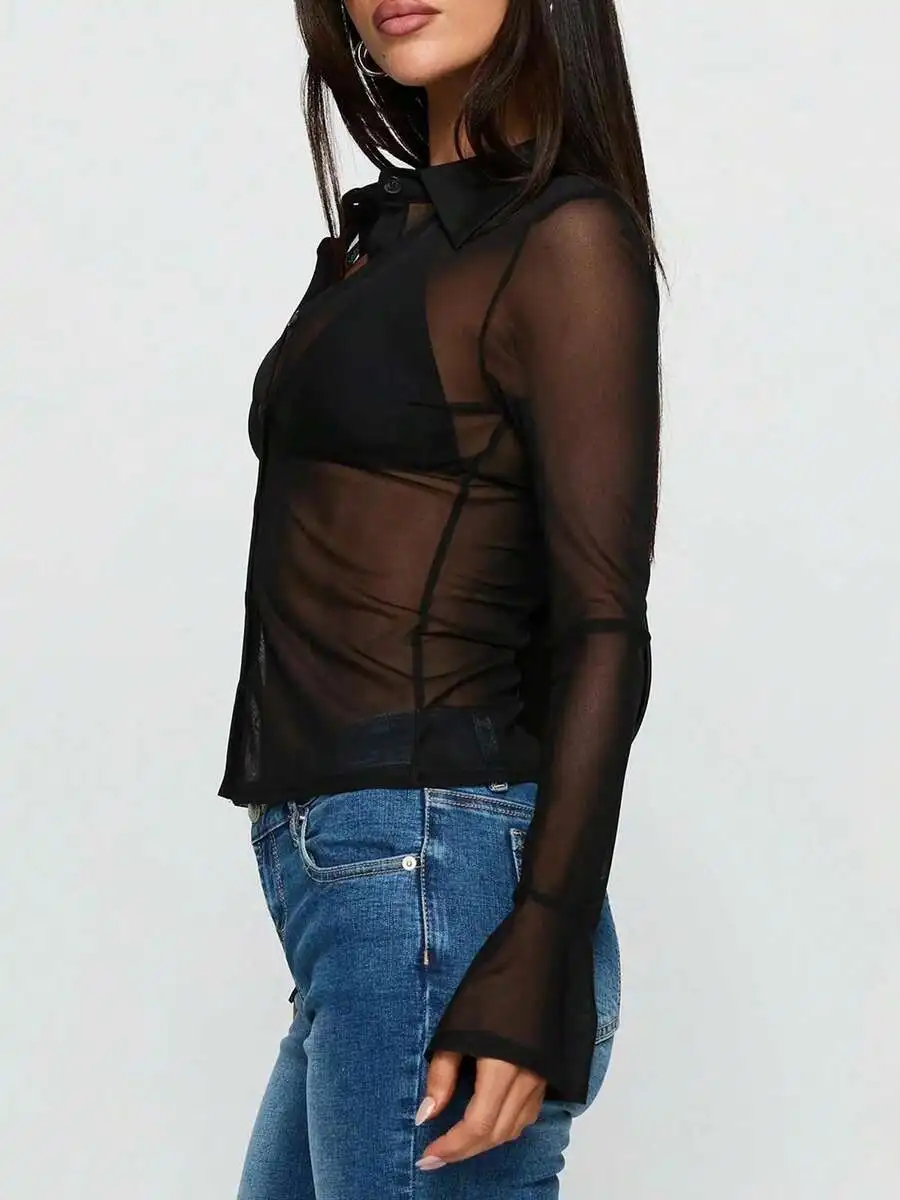 Women Sheer Mesh Blouse Long Sleeve Button Up Top Black Fashion See Through Shirt
Women Sheer Mesh Blouse Long Sleeve Button Up Top Black Fashion See Through Shirt