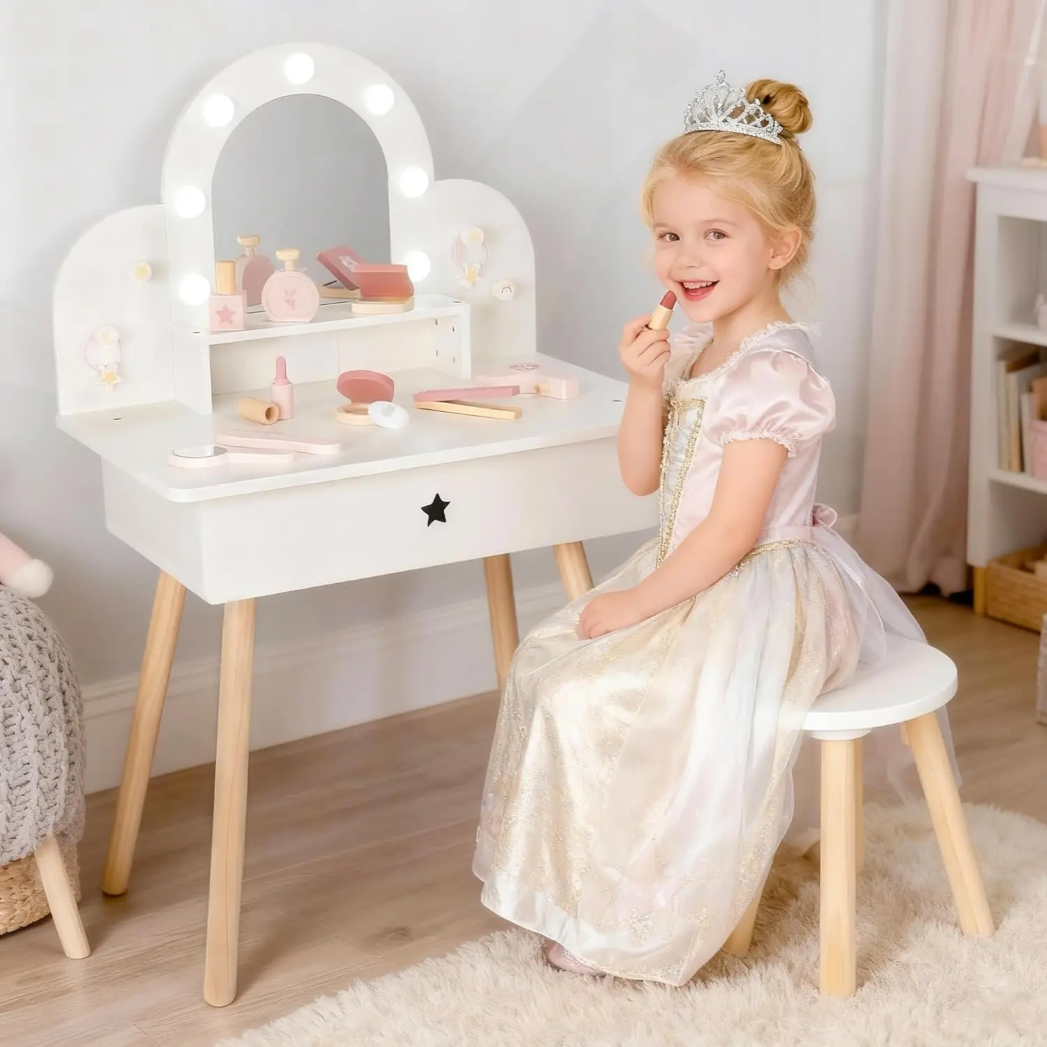 Kids Vanity Set with 3-Color Light Mirror, 11 Accessories, Wooden Pretend Play Makeup Table for Girls Ages 3+
Kids Vanity Set with 3-Color Light Mirror, 11 Accessories, Wooden Pretend Play Makeup Table for Girls Ages 3+