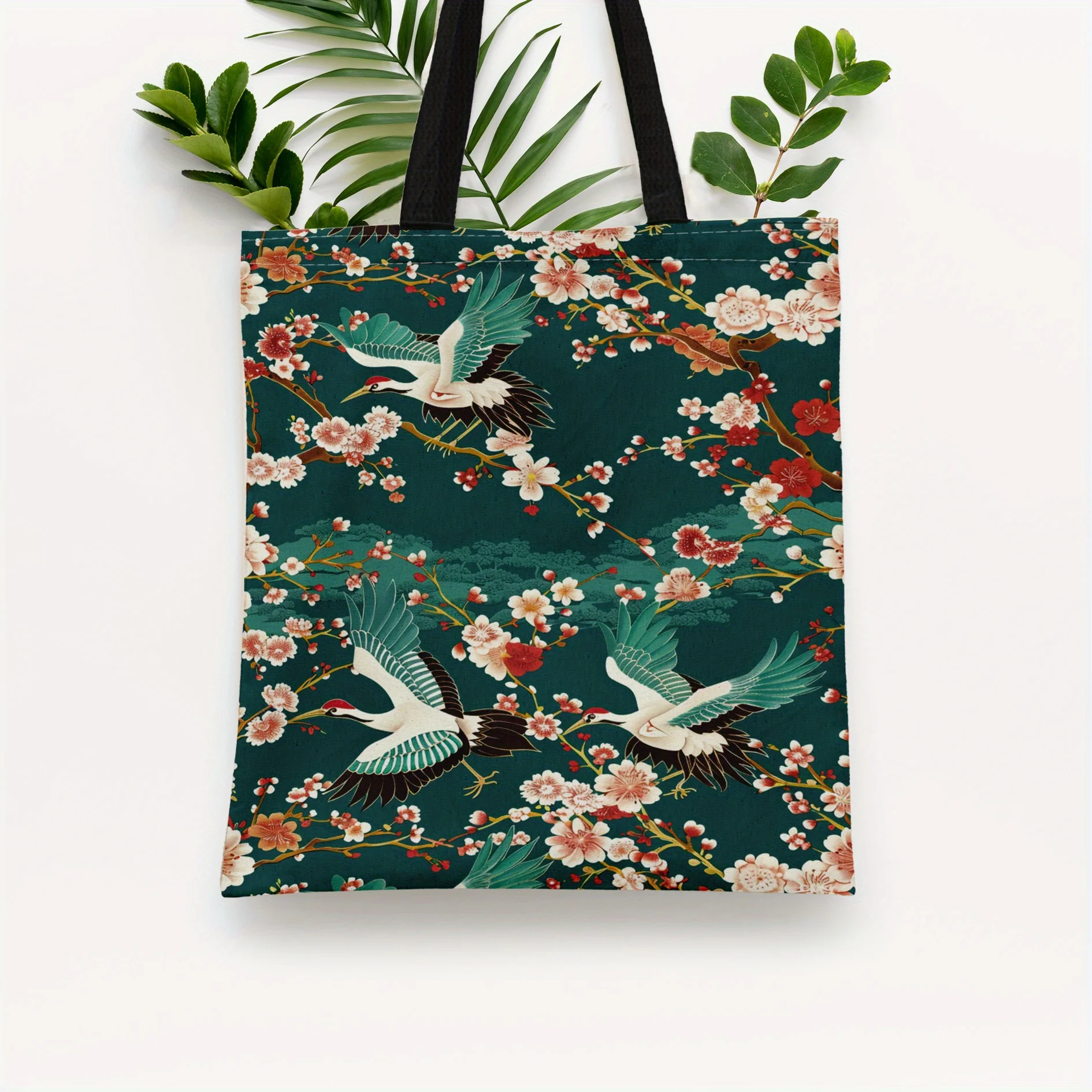 Japanese-Inspired Tote Bag with Crane And Floral Print, No Closure, Unlined, Durable Reusable Shopping Bag
Japanese-Inspired Tote Bag with Crane And Floral Print, No Closure, Unlined, Durable Reusable Shopping Bag