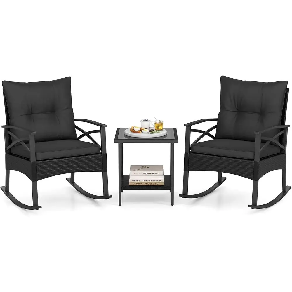 3-Piece Outdoor Rocking Chair Set with Cushions and 2-Tier Glass Coffee Table for Patio, Garden, Balcony, Backyard (Black + Gray
3-Piece Outdoor Rocking Chair Set with Cushions and 2-Tier Glass Coffee Table for Patio, Garden, Balcony, Backyard (Black + Gray