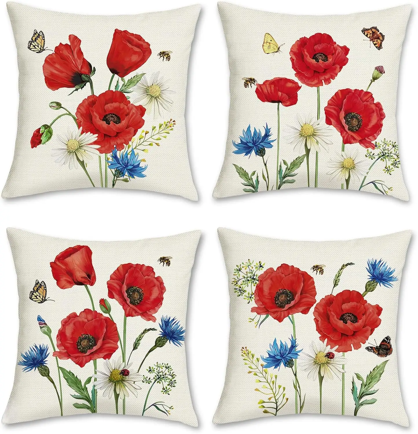 4pcs Red Poppy Cornflower Daisy Butterfly Bee Printed Pillow Cover Polyester Cushion Case 2D Flat Garden Floral Home Decor Now
4pcs Red Poppy Cornflower Daisy Butterfly Bee Printed Pillow Cover Polyester Cushion Case 2D Flat Garden Floral Home Decor Now