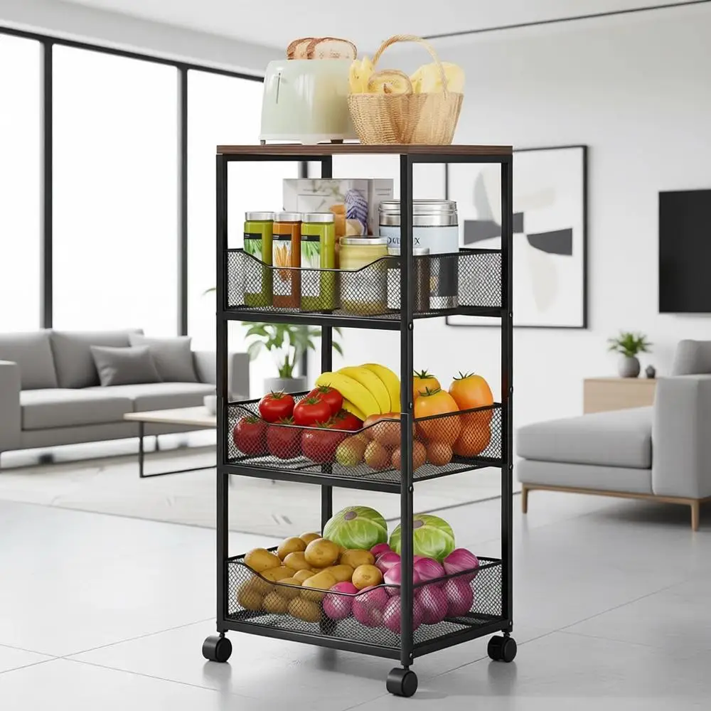 4-Tier Rolling Storage Cart with Wood Top for Kitchen, Vegetable and Snack Organizer
4-Tier Rolling Storage Cart with Wood Top for Kitchen, Vegetable and Snack Organizer