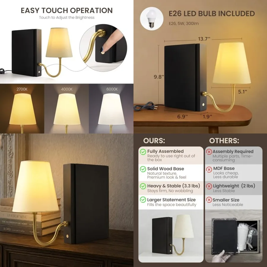 Wooden Bookshelf Lamp with Bulb, Table Lamp with Linen Shade, 3-Color Dimmable Touch Control, Modern Decorative Bookend, Book S
Wooden Bookshelf Lamp with Bulb, Table Lamp with Linen Shade, 3-Color Dimmable Touch Control, Modern Decorative Bookend, Book S