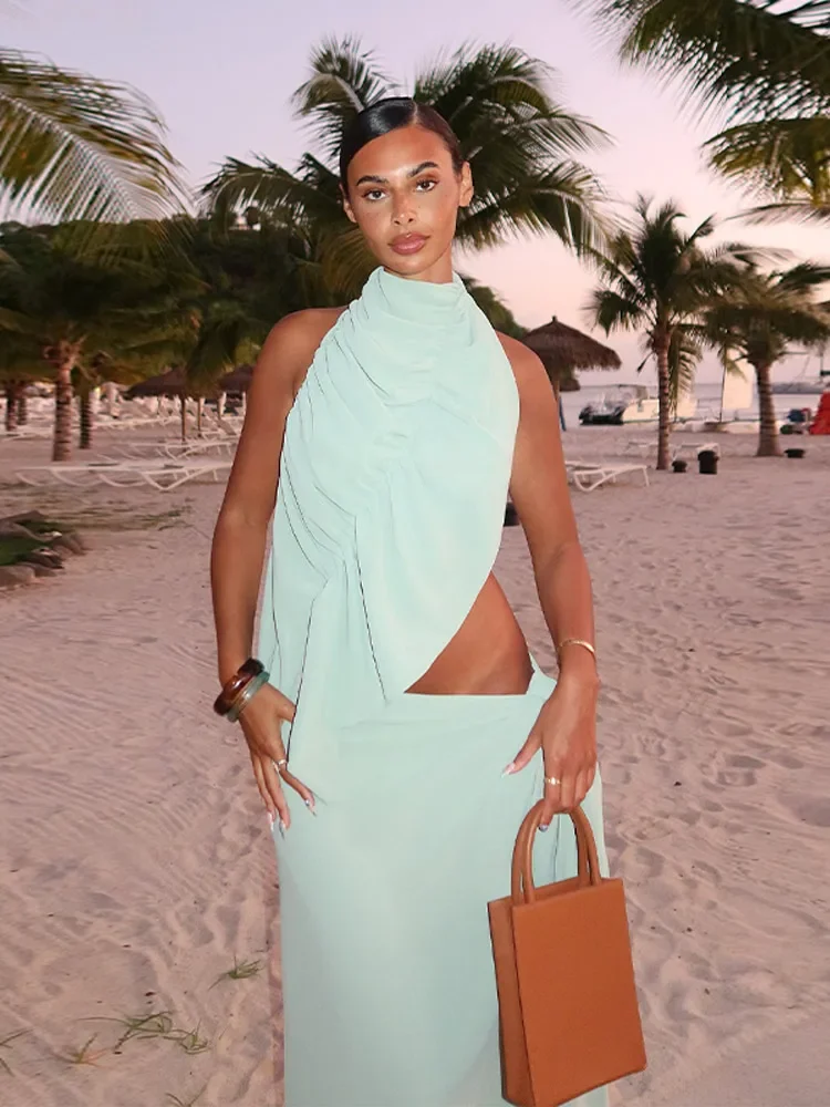 Solid Loose Long Skirt 2-piece Set Women Chic Sleeveless Backless Ruffle Irregular Halter Vestido Suits New Summer Lady Outfits
Solid Loose Long Skirt 2-piece Set Women Chic Sleeveless Backless Ruffle Irregular Halter Vestido Suits New Summer Lady Outfits