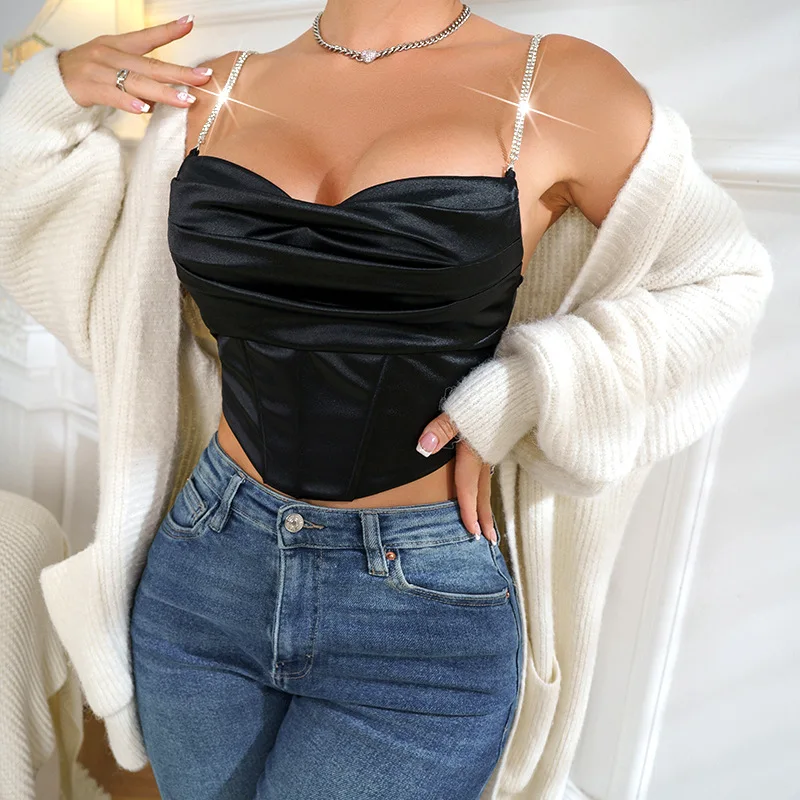 Rhinestone Cropped Tops Y2k Clothes Sexy Sleeveless Fold Bustier Vest Slim Sling Tank Top Women's Corset Open Back Lingerie Cami
Rhinestone Cropped Tops Y2k Clothes Sexy Sleeveless Fold Bustier Vest Slim Sling Tank Top Women's Corset Open Back Lingerie Cami