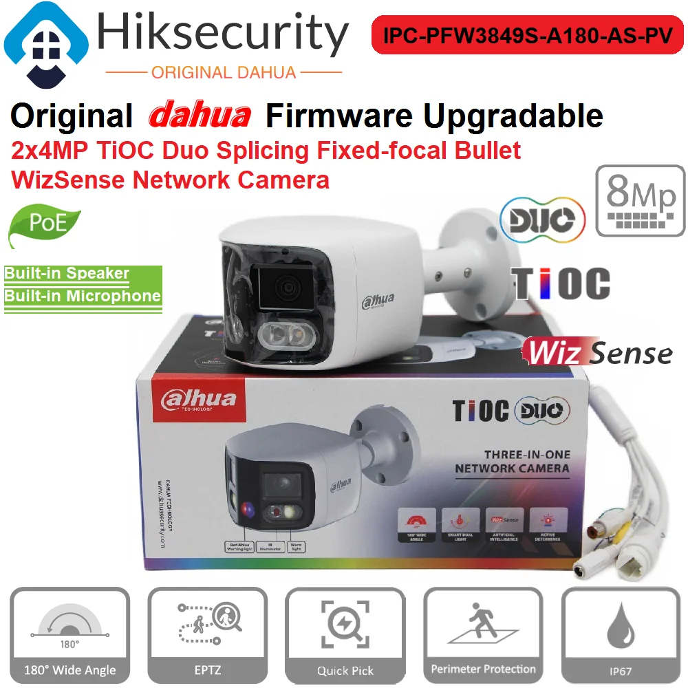 Original Dahua IP Camera IPC-PFW3849S-A180-AS-PV 2x4MP TiOC Duo Splicing Fixed-focal Bullet WizSense Built-in Mic and Speaker
Original Dahua IP Camera IPC-PFW3849S-A180-AS-PV 2x4MP TiOC Duo Splicing Fixed-focal Bullet WizSense Built-in Mic and Speaker
