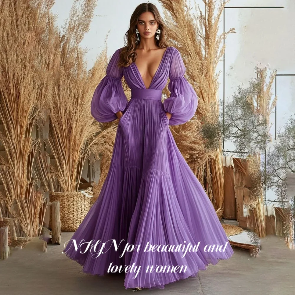 NFYN Purple Elegant Prom Dresses Deep V-Neck Pleating Prom Gown A-Line Side Slip Pockets Evening Dresses for Woman Customized
NFYN Purple Elegant Prom Dresses Deep V-Neck Pleating Prom Gown A-Line Side Slip Pockets Evening Dresses for Woman Customized