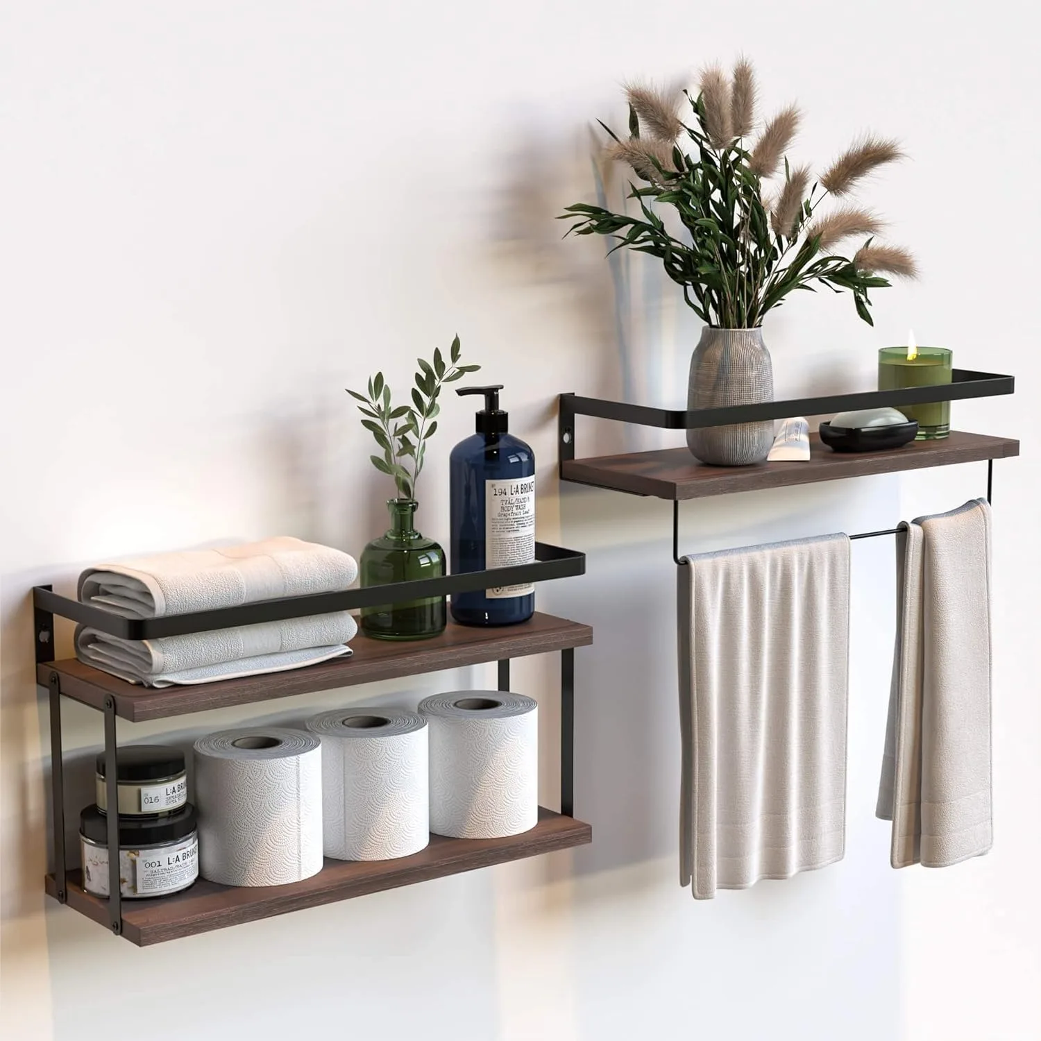 Floating Shelves Set of 2 with Towel Bar and Tissue Rack, Rustic Wood Shelf with Metal Frame for Bathroom Kitchen Bedroom
Floating Shelves Set of 2 with Towel Bar and Tissue Rack, Rustic Wood Shelf with Metal Frame for Bathroom Kitchen Bedroom