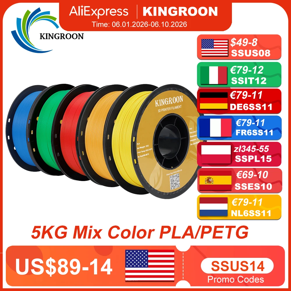 KINGROON 5KG PLA TPU PETG Filament Mix color 1.75mm 3D Printer Plastic No Bubble Spool 3D Printing Materials Wholesales
KINGROON 5KG PLA TPU PETG Filament Mix color 1.75mm 3D Printer Plastic No Bubble Spool 3D Printing Materials Wholesales