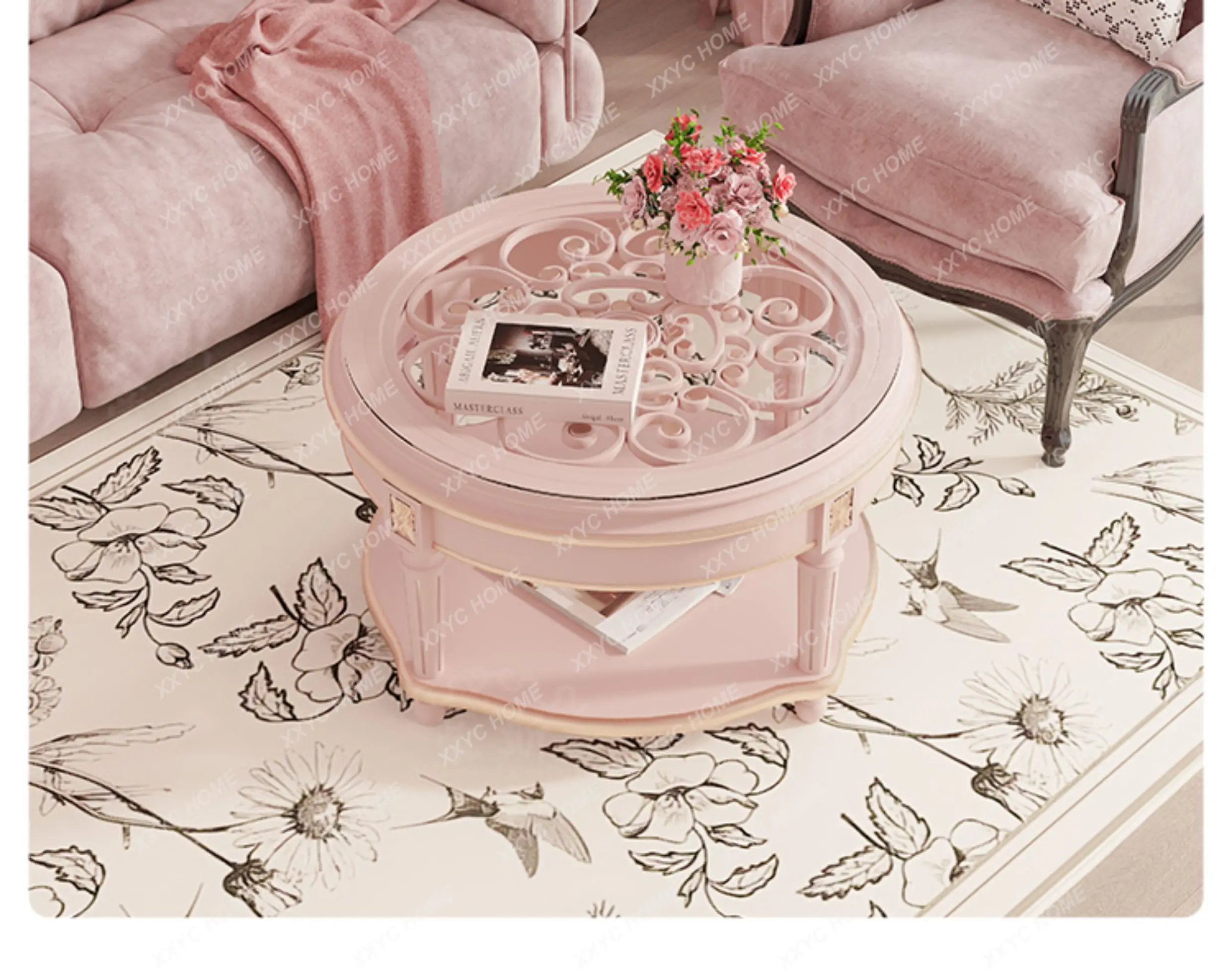 Hretro style coffee table living room home pink glass hollow light luxury high-end round solid wood
Hretro style coffee table living room home pink glass hollow light luxury high-end round solid wood