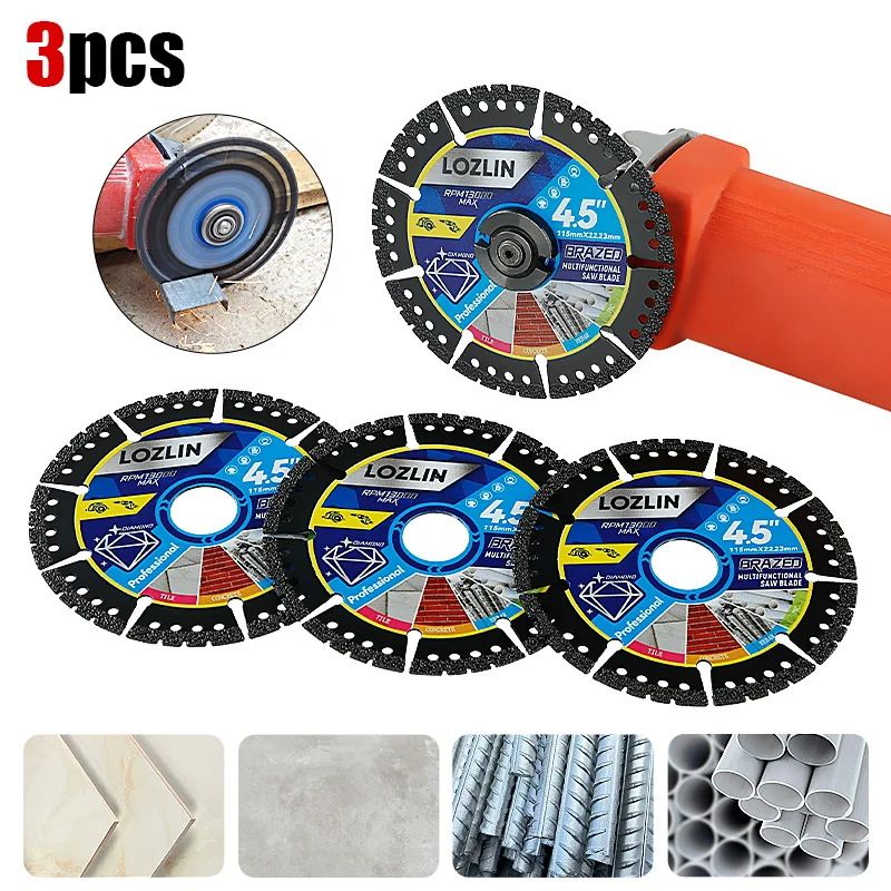 LOZLIN 4.5 Inch Diamond Saw Blade Multi-Purpose Cutting Blade for Tile, Marble, Concrete, Steel, PVC Pipe, Wood, 22.23mm Arbor
LOZLIN 4.5 Inch Diamond Saw Blade Multi-Purpose Cutting Blade for Tile, Marble, Concrete, Steel, PVC Pipe, Wood, 22.23mm Arbor
