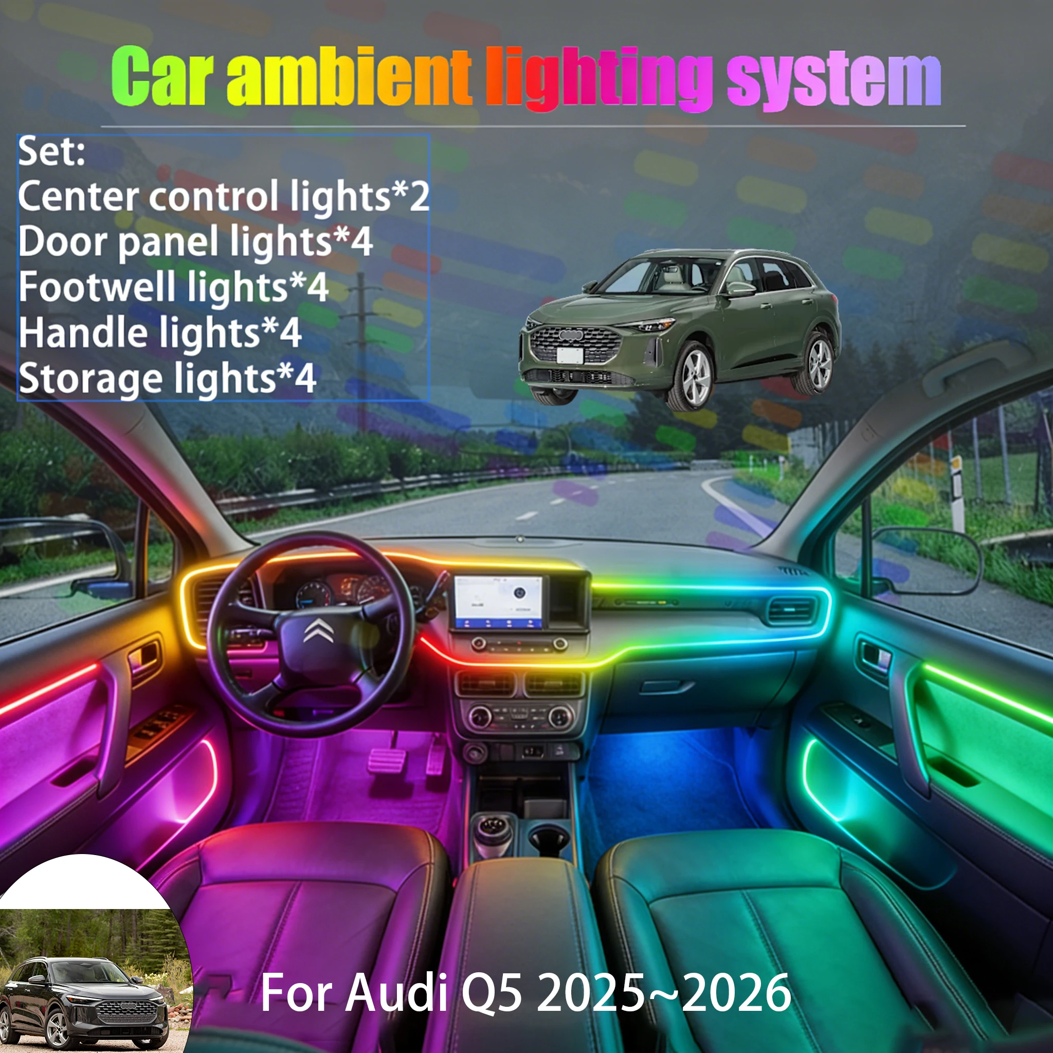 Для Audi Q5 2025~2026 GU MK3 2/18: Комплект светодиодной подсветки салона и багажника (18 элементов), USB RGB, с эффектом бегущей строки, автозапчасти
Для Audi Q5 2025~2026 GU MK3 2/18: Комплект светодиодной подсветки салона и багажника (18 элементов), USB RGB, с эффектом бегущей строки, автозапчасти