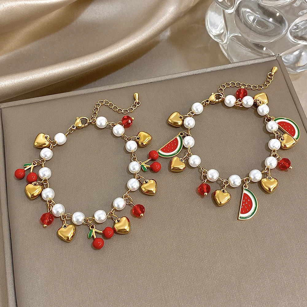 Sweet Stainless Steel Imitation Pearl Bracelet For Women Cute Watermelon Cherry Heart Pendant Bracelet Y2K Hand Jewelry Gift
Sweet Stainless Steel Imitation Pearl Bracelet For Women Cute Watermelon Cherry Heart Pendant Bracelet Y2K Hand Jewelry Gift