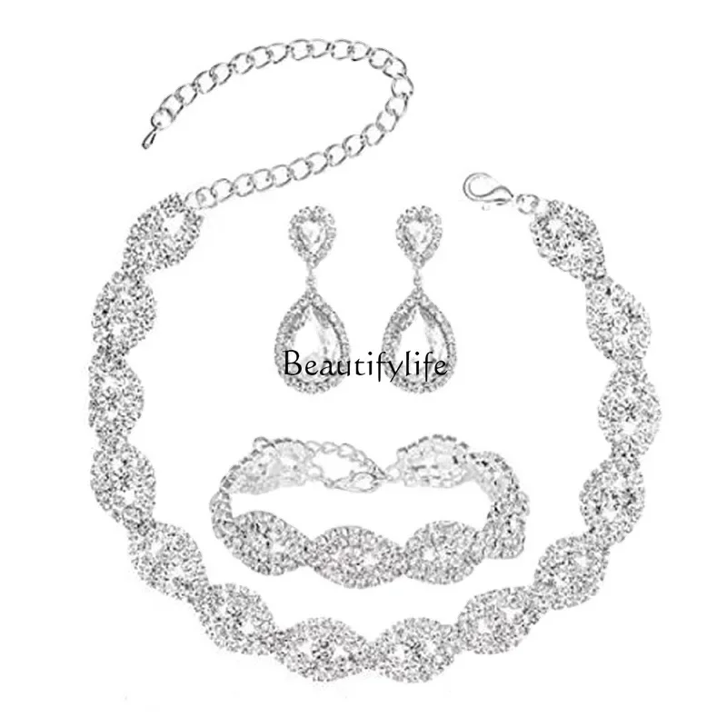 European and American popular woven rhinestone bracelet, earrings, necklace, collarbone chain 3-piece set
European and American popular woven rhinestone bracelet, earrings, necklace, collarbone chain 3-piece set