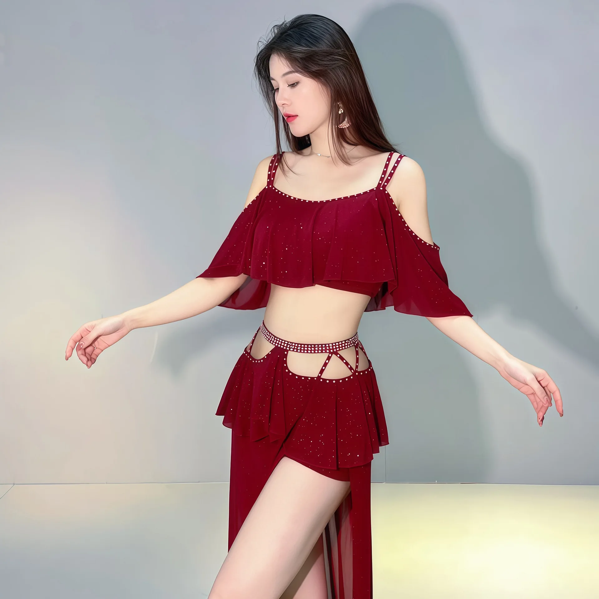 THEEPER Women Belly Dance Lesson Wear Set, Off Shoulder Ruffle Crop Top High Slit Maxi Skirt, Adult Belly Dance Practice Wear
THEEPER Women Belly Dance Lesson Wear Set, Off Shoulder Ruffle Crop Top High Slit Maxi Skirt, Adult Belly Dance Practice Wear