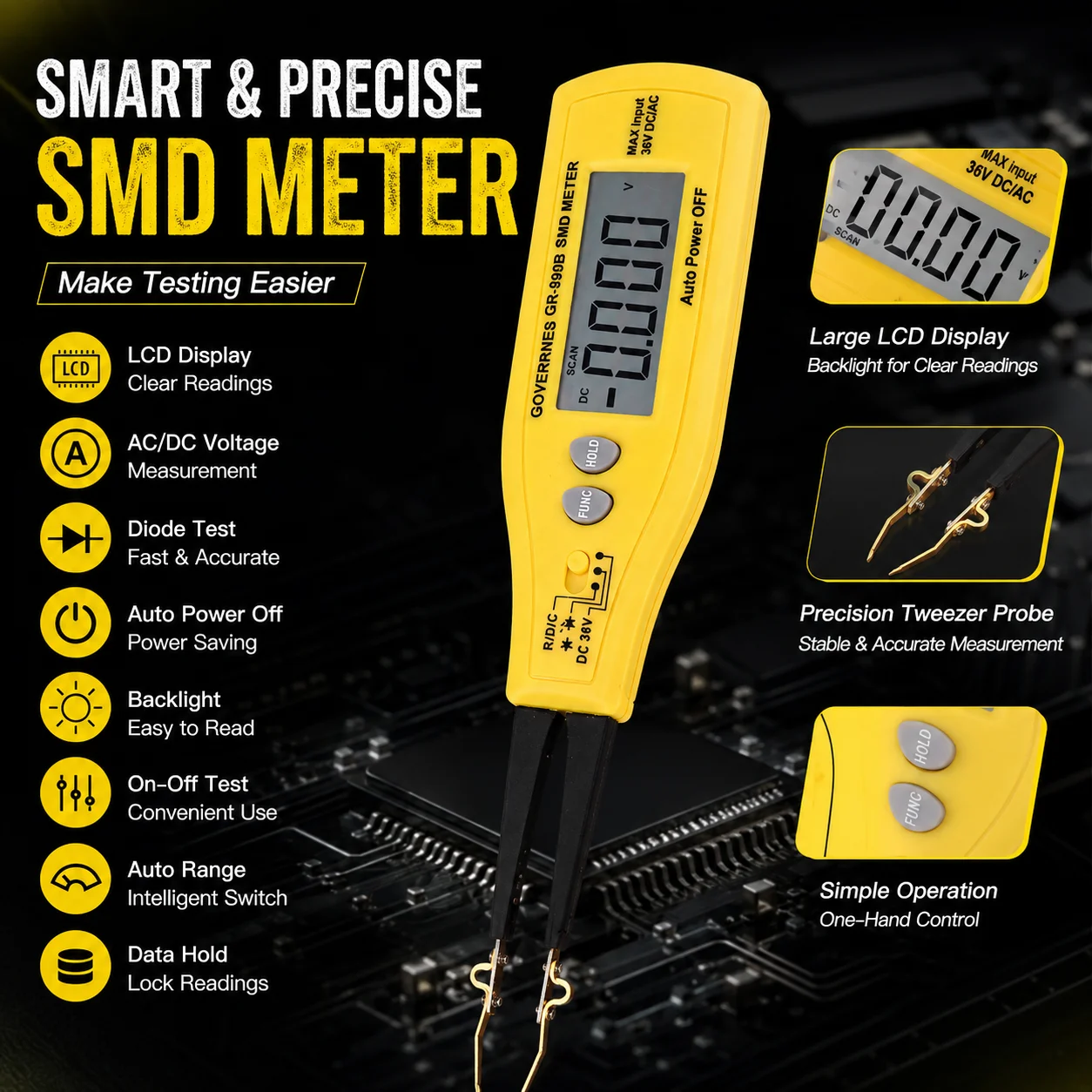 SMD Tester Tweezers Resistance Capacitance Diode Continuity Meter for PCB Repair Electronics Component Testing Tool
SMD Tester Tweezers Resistance Capacitance Diode Continuity Meter for PCB Repair Electronics Component Testing Tool