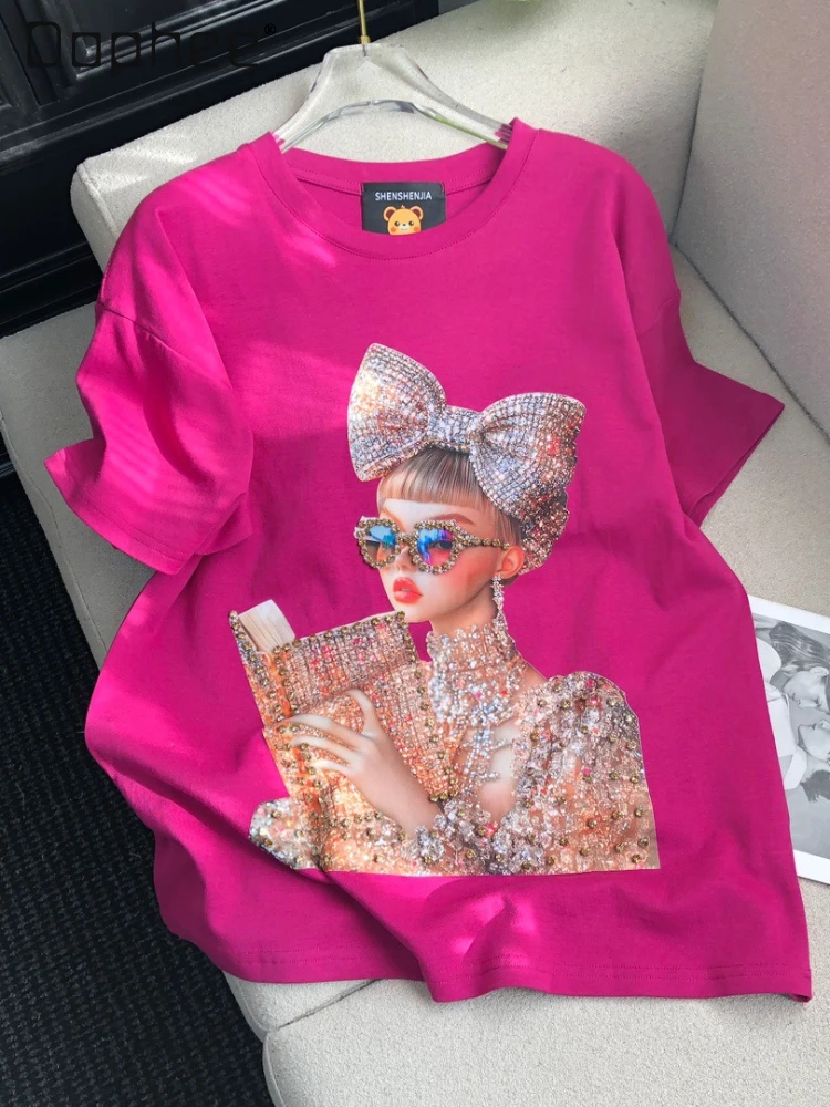 Temperament Girls Printed Round Neck Short-sleeved T-shirt Women Spring and Summer New Heavy Industry Diamond-encrusted Y2k Top
Temperament Girls Printed Round Neck Short-sleeved T-shirt Women Spring and Summer New Heavy Industry Diamond-encrusted Y2k Top