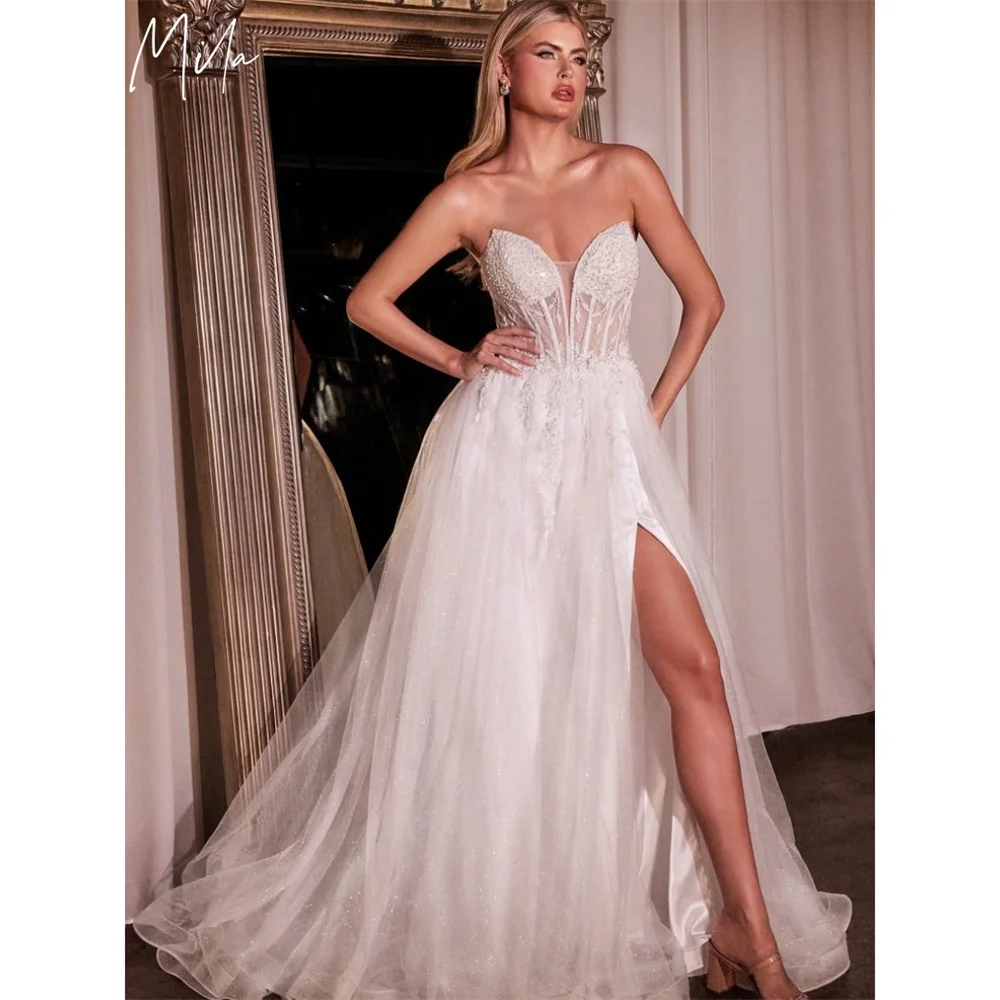 Mila Sweetheart Neck A-Line Prom Dresses 2025 Side High Split Beaded Corset Evening Dresses Court Train Customized Party Dresses
Mila Sweetheart Neck A-Line Prom Dresses 2025 Side High Split Beaded Corset Evening Dresses Court Train Customized Party Dresses