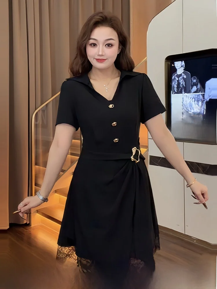 Black Lace Short Sleeve V-Neck Dress Women's plus Size Summer High Waist A-Line Skirt Style Breathable Polyester Fiber Dress
Black Lace Short Sleeve V-Neck Dress Women's plus Size Summer High Waist A-Line Skirt Style Breathable Polyester Fiber Dress