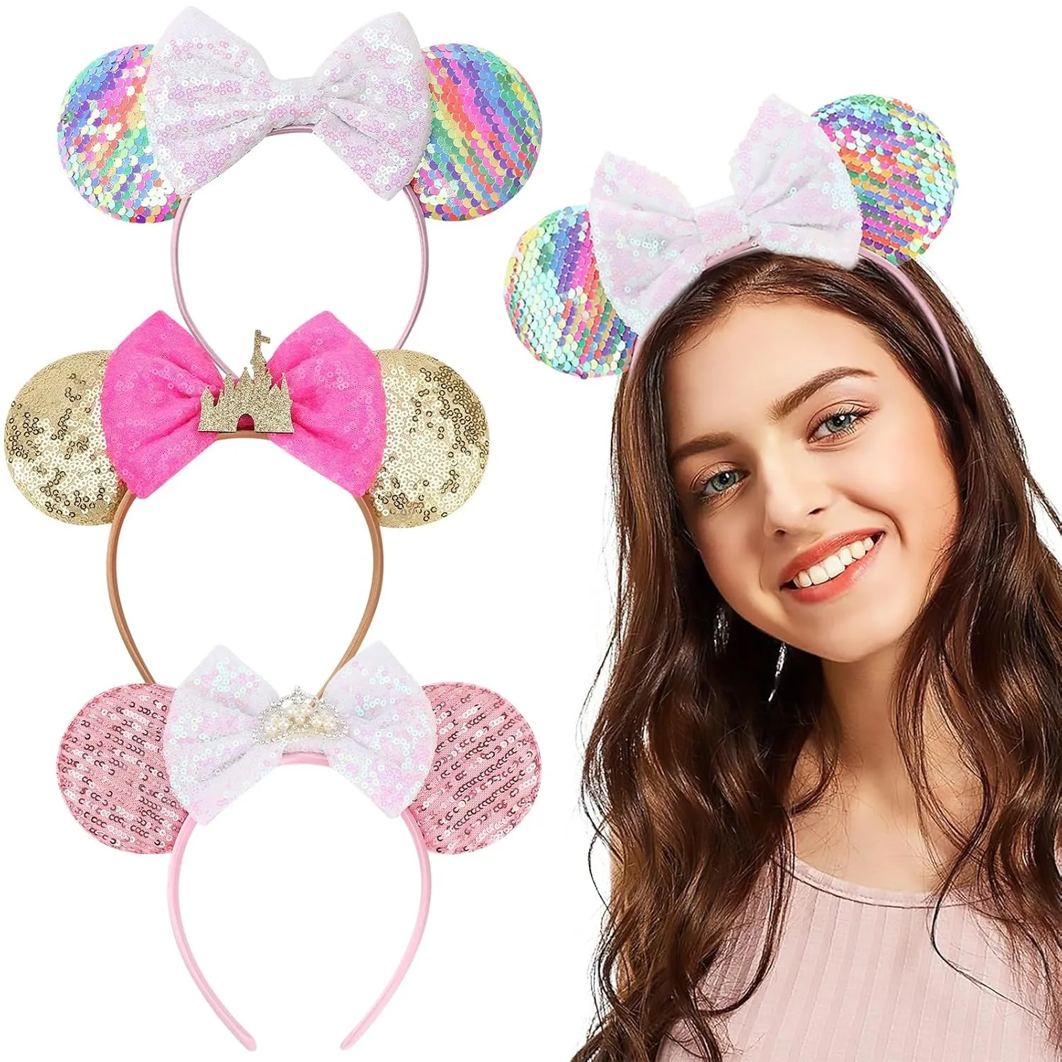 3pcs/lot Mouse Ear Hair Hoops Crown Decorative Sequins Bow Princess Hairband Daily Park Party Wearing Women's Hair Accessories
3pcs/lot Mouse Ear Hair Hoops Crown Decorative Sequins Bow Princess Hairband Daily Park Party Wearing Women's Hair Accessories