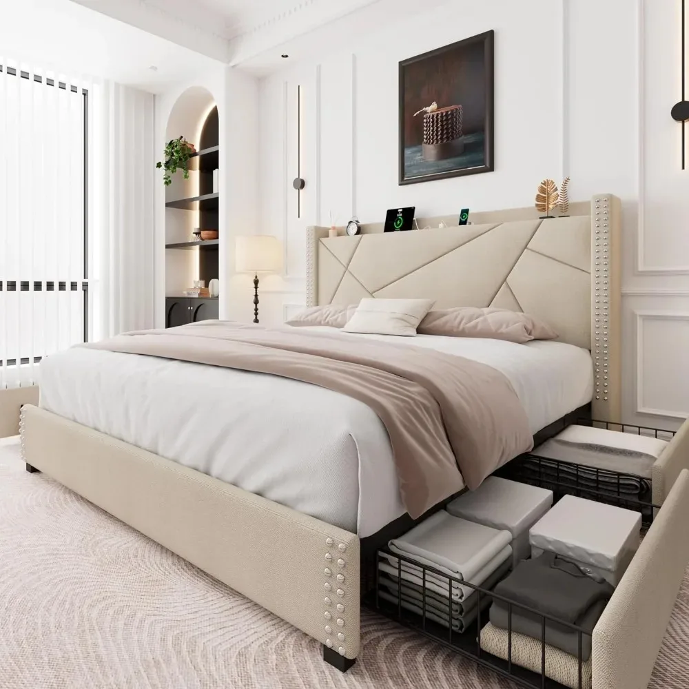 Queen Bed Frame with 4 Storage Drawers, Upholstered Platform Bed Frame with Charging Station & Wingback Headboard, Solid Wood
Queen Bed Frame with 4 Storage Drawers, Upholstered Platform Bed Frame with Charging Station & Wingback Headboard, Solid Wood