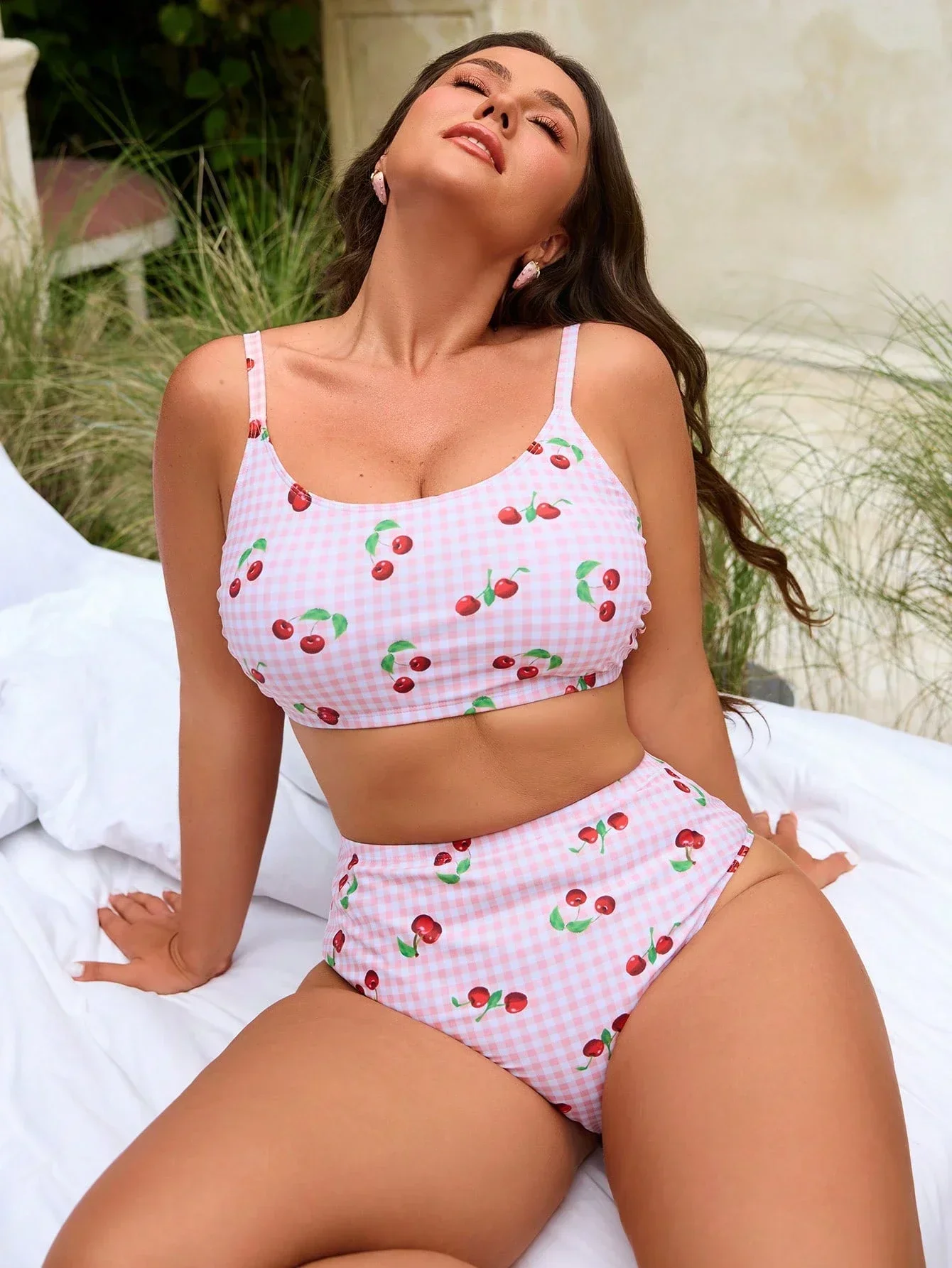 Womens 2 Piece Gingham Cherry Print High Waist Swimsuit Set
Womens 2 Piece Gingham Cherry Print High Waist Swimsuit Set