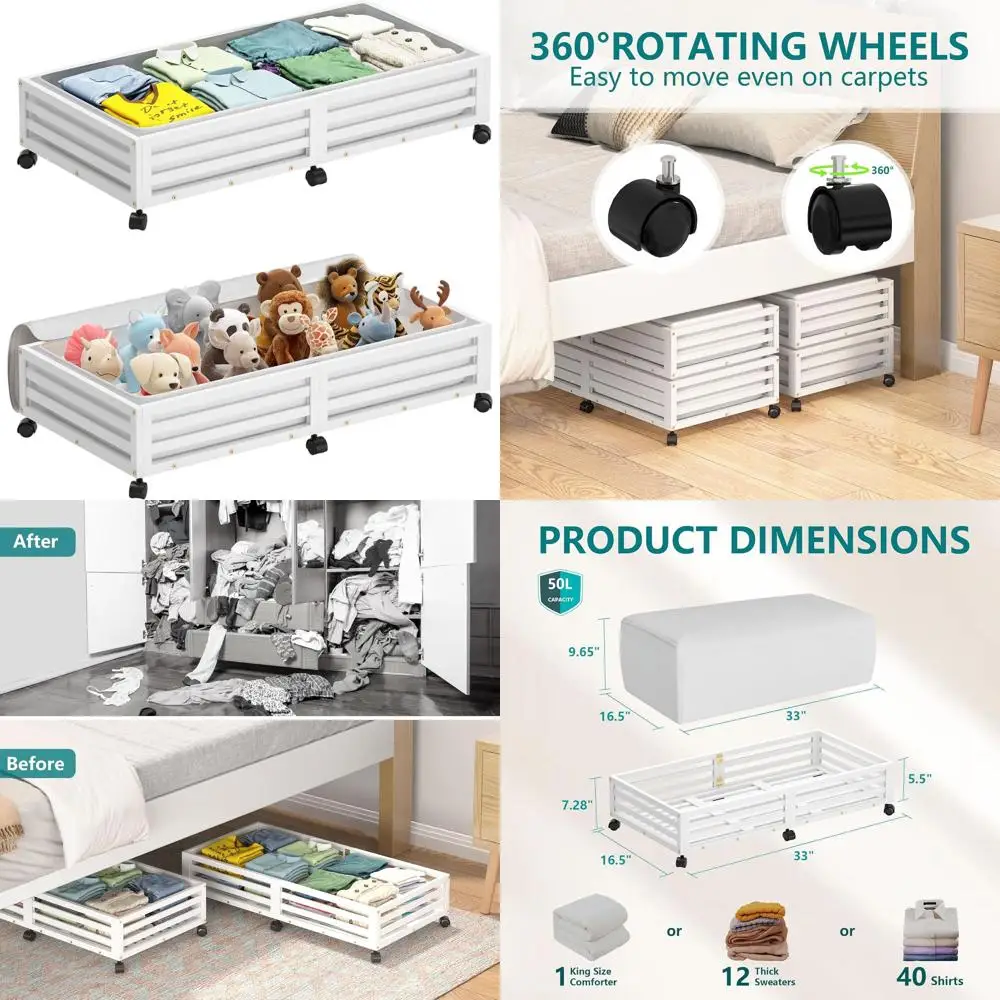 Rolling Underbed Storage Containers with Wheels and Large Dustproof Bag, 2-Pack White Long Shoe Organizers
Rolling Underbed Storage Containers with Wheels and Large Dustproof Bag, 2-Pack White Long Shoe Organizers