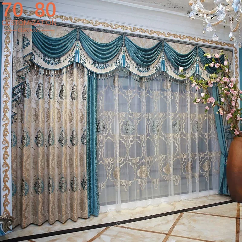 New European Style Peacock Blue Jacquard Patched Curtains for Living Room Bedroom French Window Customized Villa Valance
New European Style Peacock Blue Jacquard Patched Curtains for Living Room Bedroom French Window Customized Villa Valance