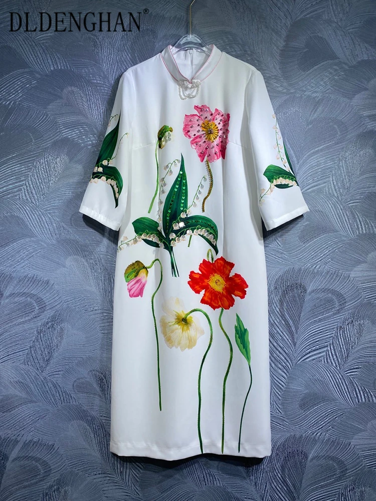 DLDENGHAN Summer Floral Print Women's Stand Collar 3/4 Sleeve Sequins Crystal Beading Vintage Dresses Fashion Designer New
DLDENGHAN Summer Floral Print Women's Stand Collar 3/4 Sleeve Sequins Crystal Beading Vintage Dresses Fashion Designer New